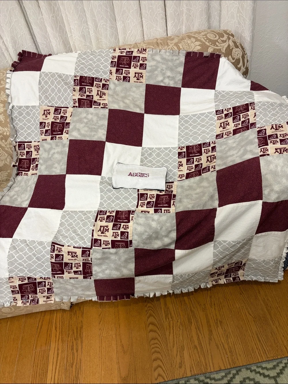 Texas A&M Aggies Patchwork Throw Blanket - Maroon & White Hand Pocket in front